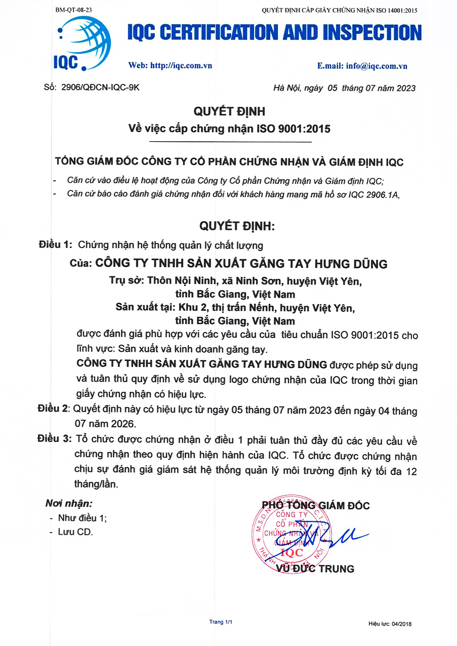 CÔNG TY TNHH SẢN XUẤT GĂNG TAY HƯNG DŨNG